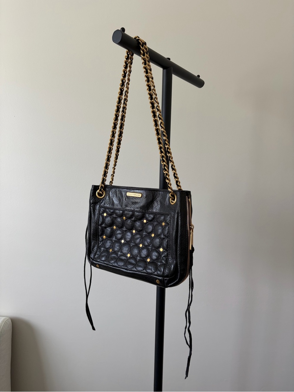 Rebecca Minkoff Black Quilted Shoulder Bag with Gold Chain